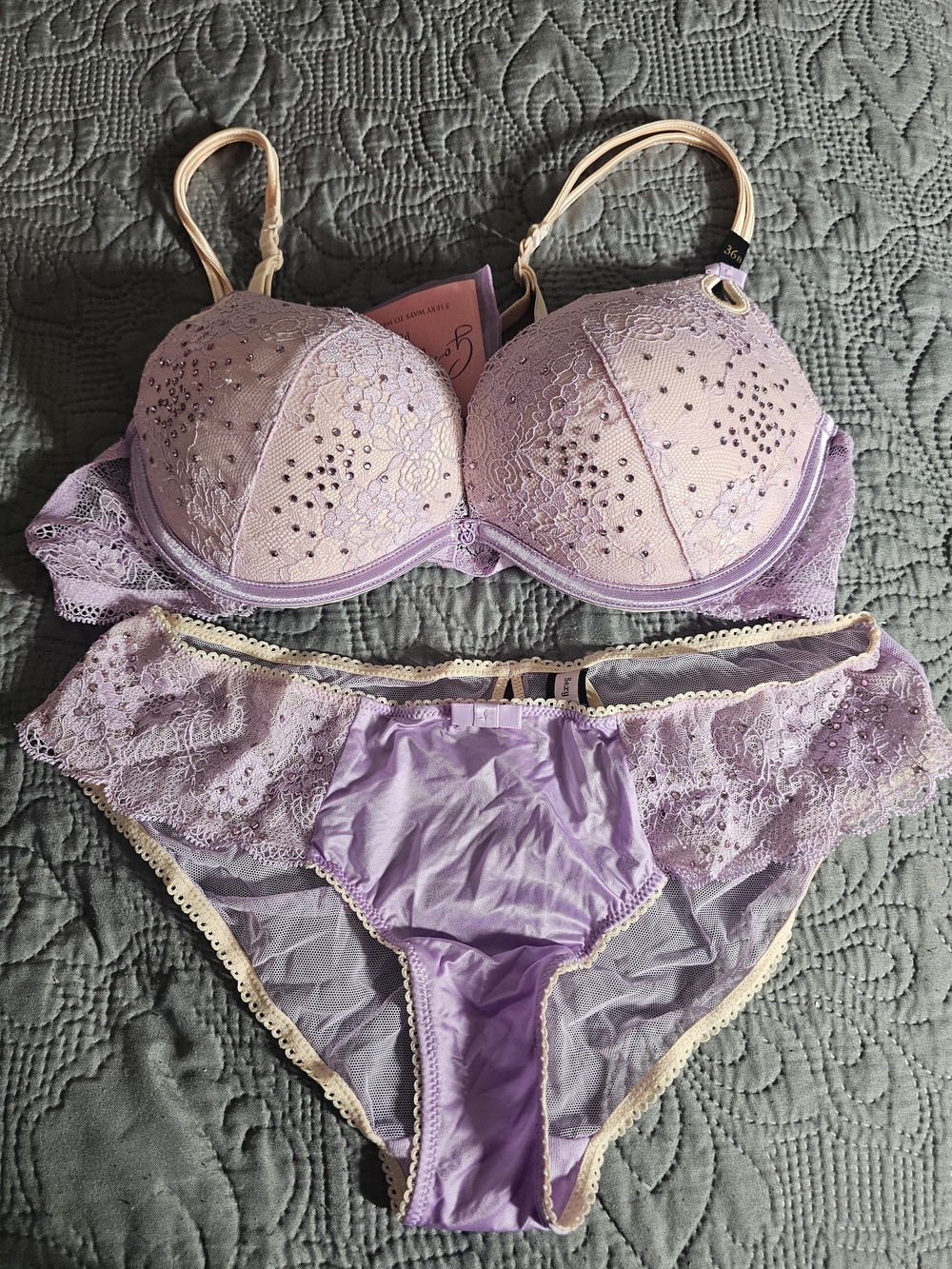 Victoria's Secret Lavender Lace Bra & Panty Set with Cream Straps